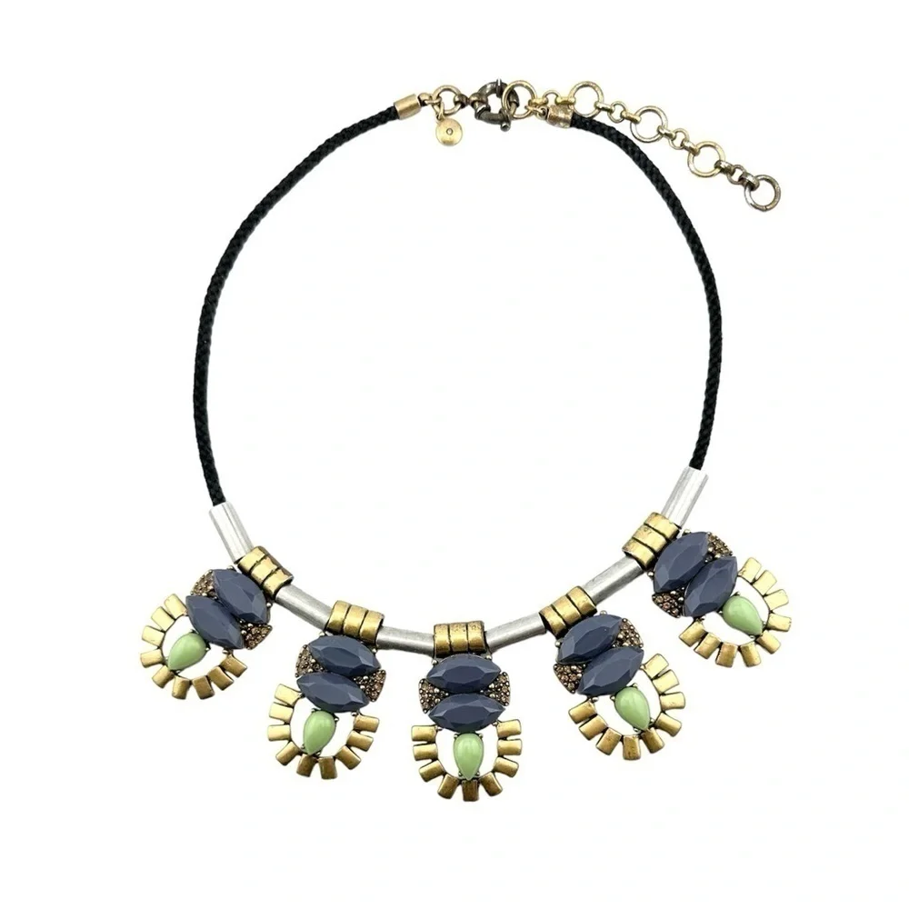 J Crew Necklace, Slate Mint Green w Silver & Gold Tone Metal Slide & Black Cord